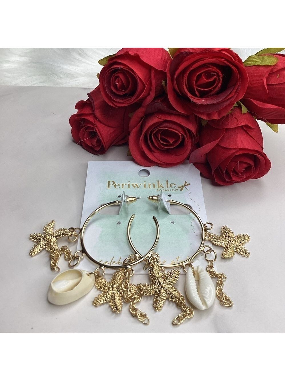 NEW PERIWINKLE BY BARLOW GOLD HOOP EARRINGS COASTAL‎ BEACH VACATION STARS…